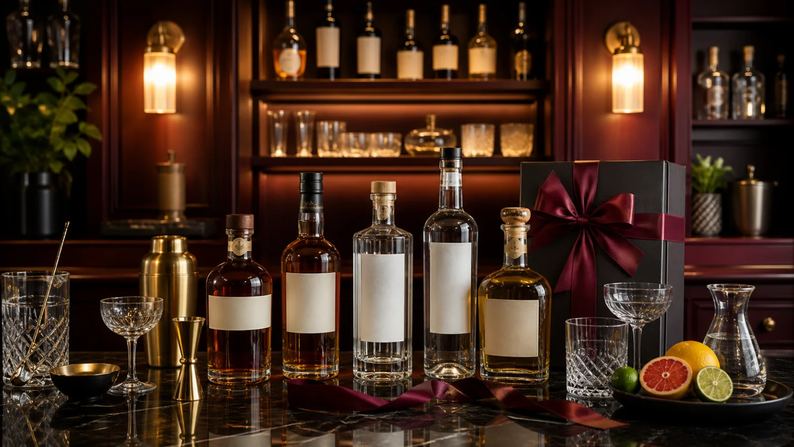 Bar con jigger, cristalería y botellas listas para preparar bebidas