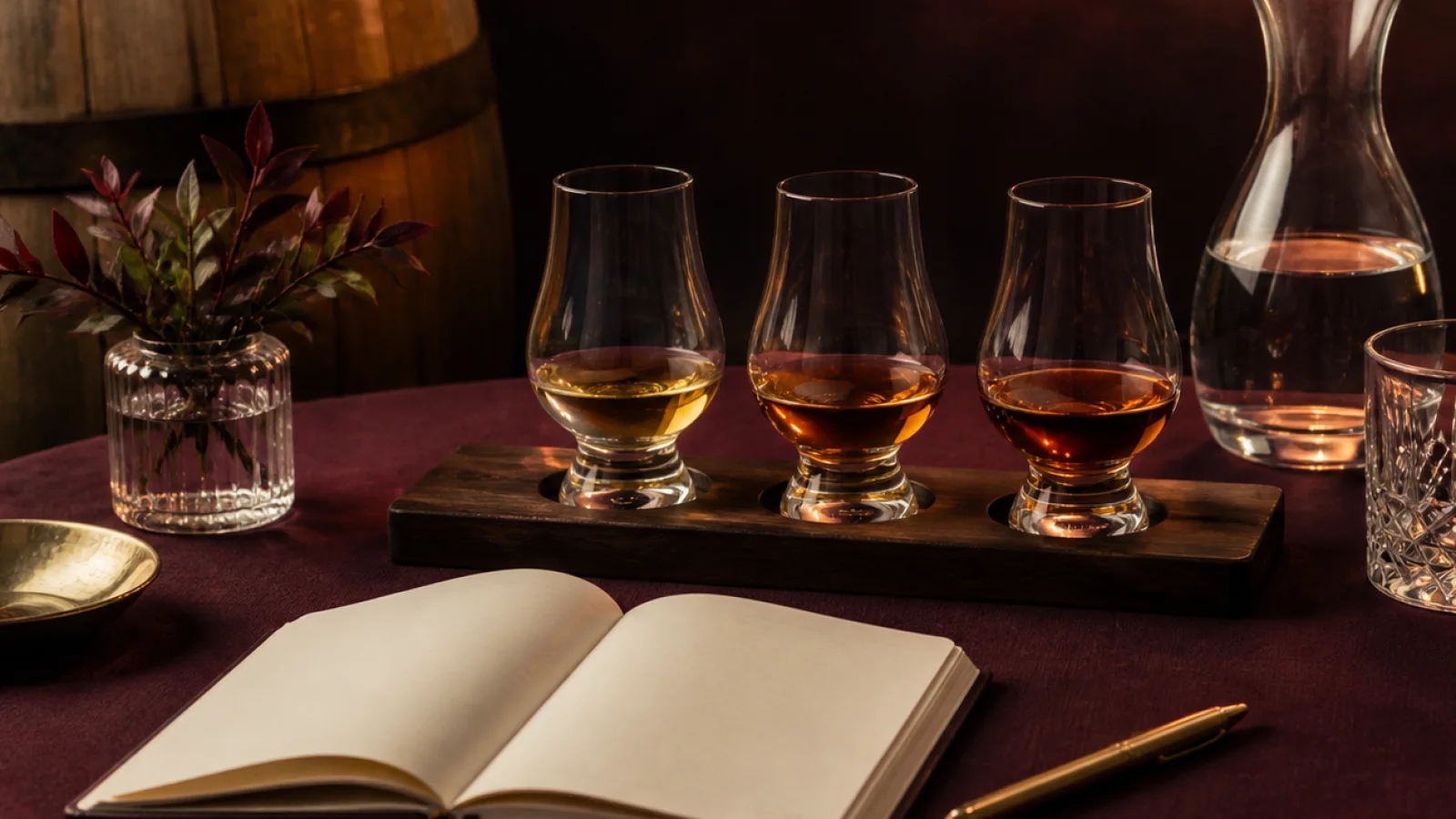 Copa de whisky y libreta para registrar aromas y sabores