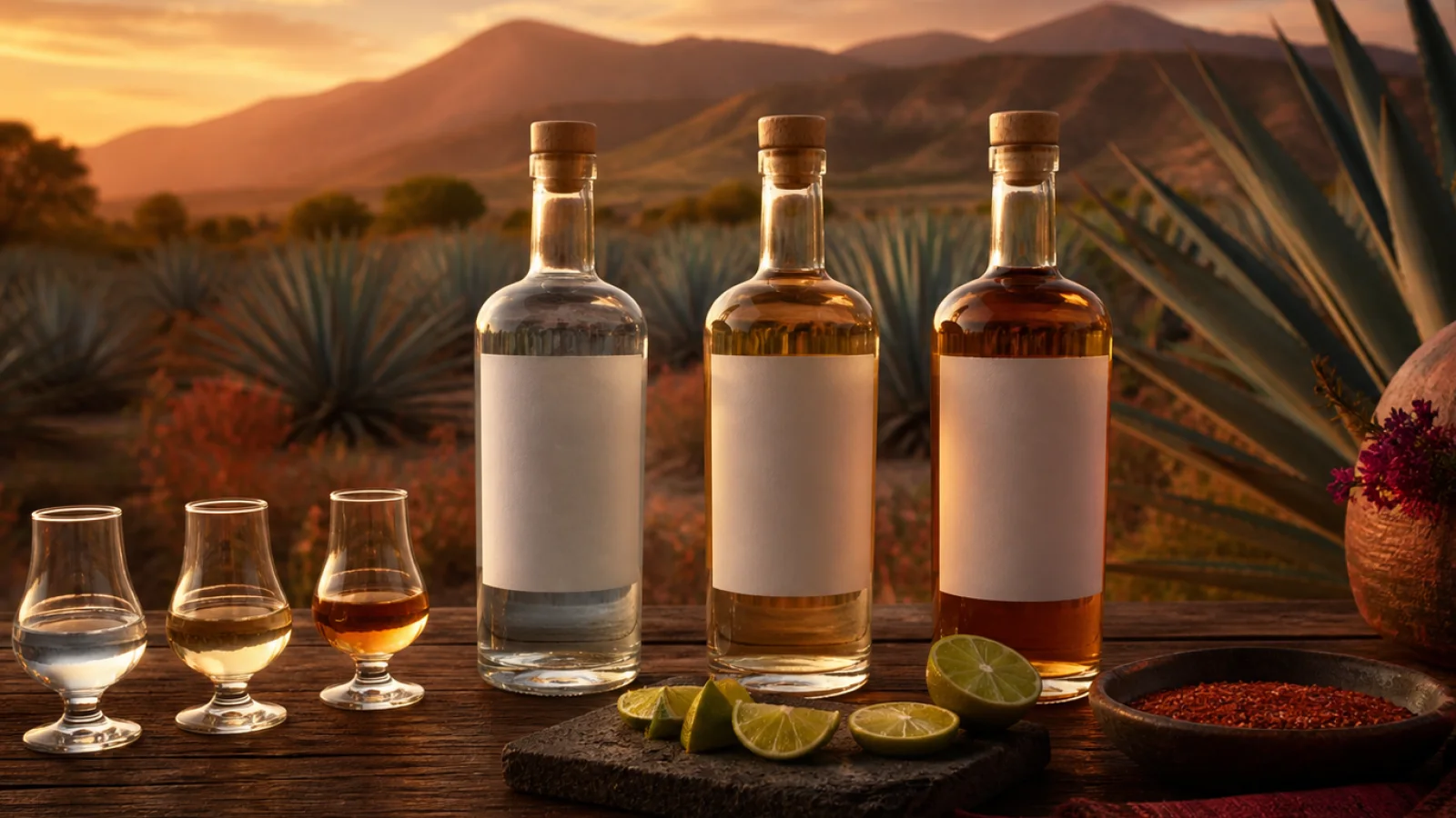 Tres botellas que representan tequila blanco, reposado y añejo