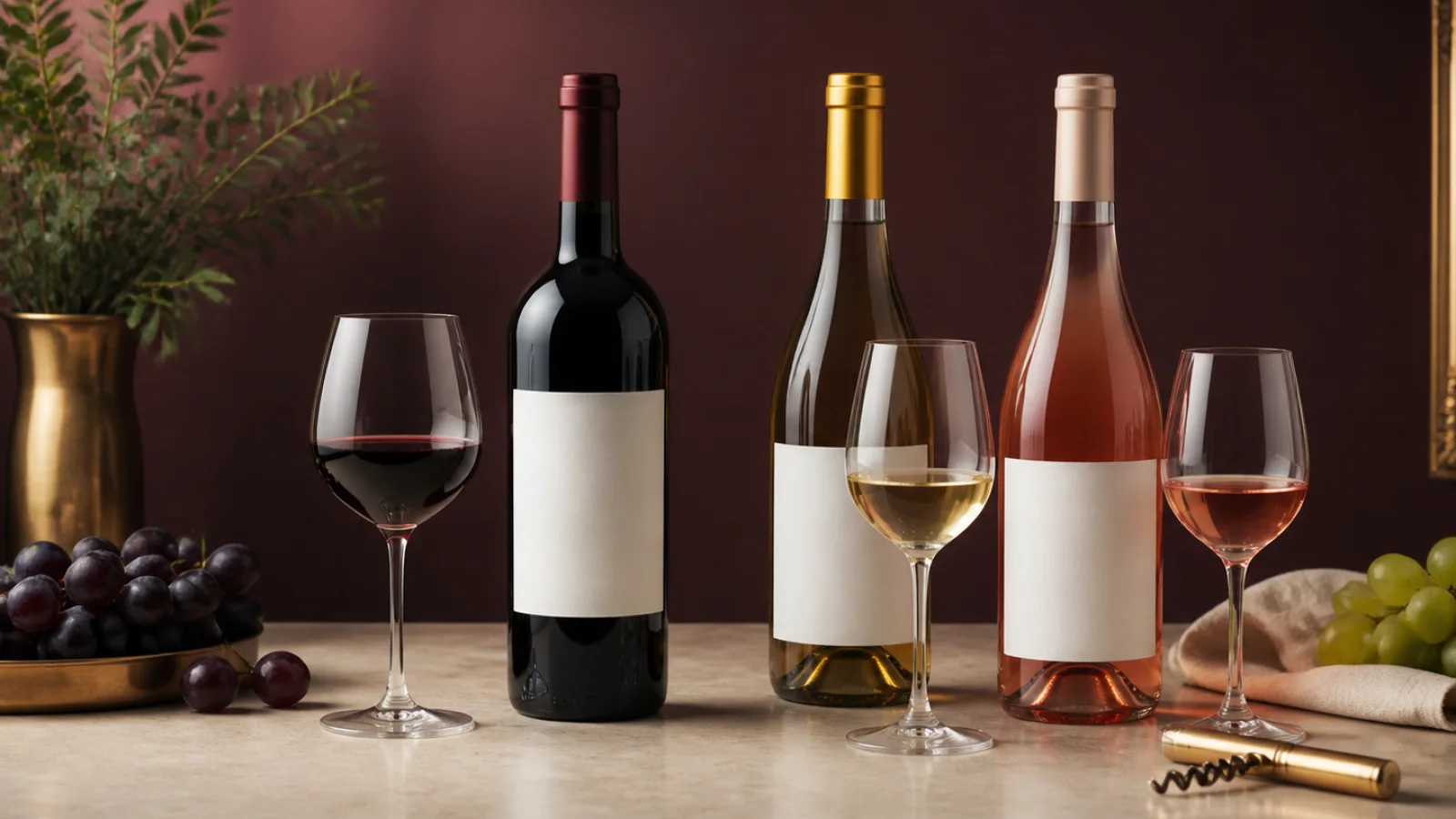 Botellas y copas de vino tinto, blanco y rosado
