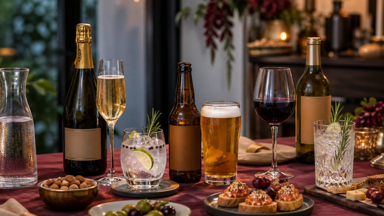 Mesa de reunión con cerveza, agua y alimentos