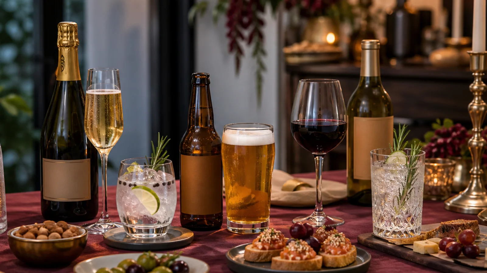 Mesa de bebidas con gin tonic, cerveza, vino, agua y alimentos