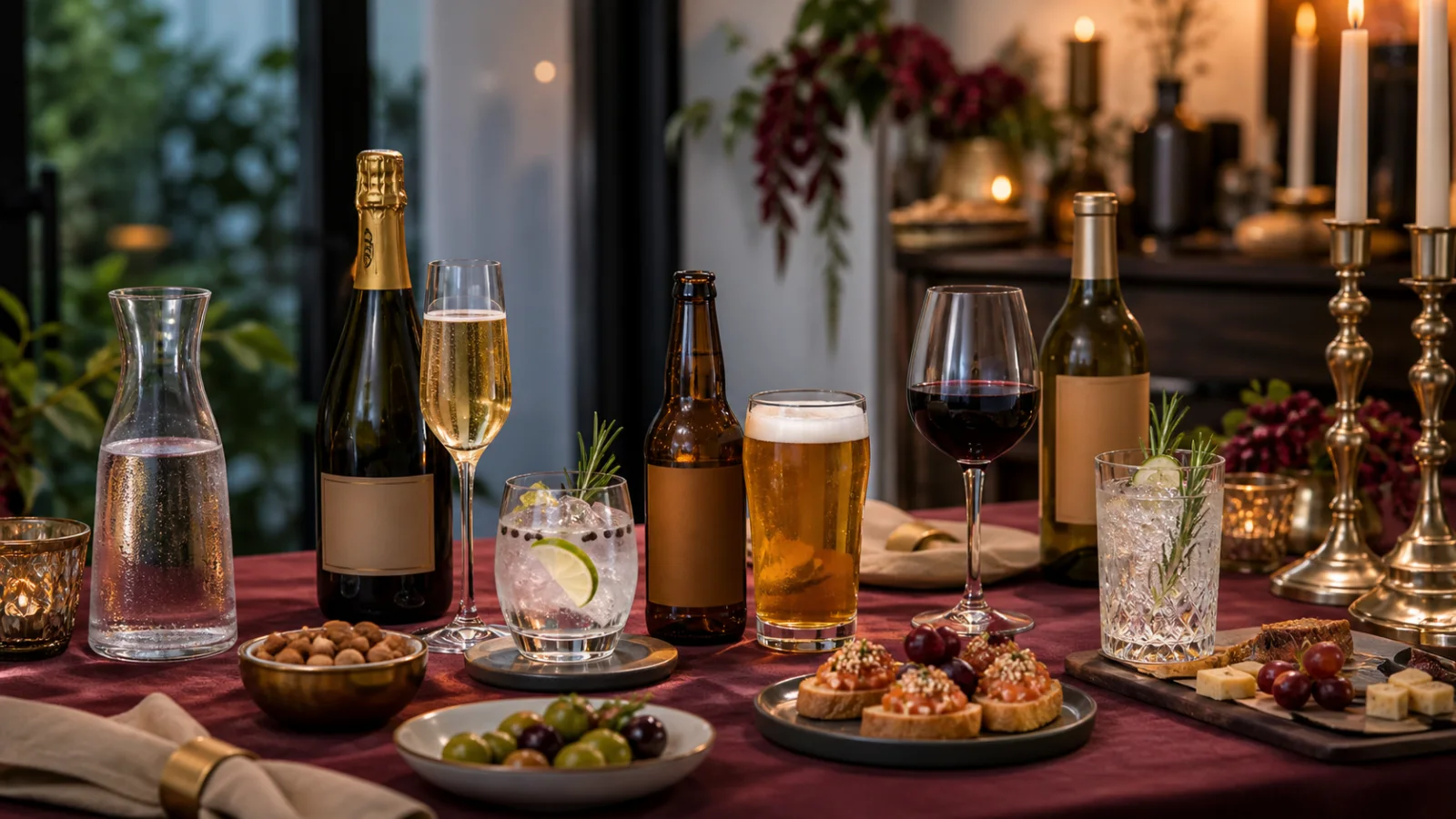 Servicio de vino espumoso con aperitivos en una reunión