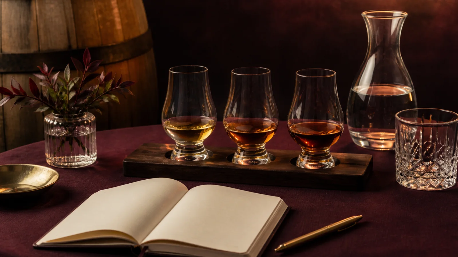 Tres copas de whisky con distintos tonos listas para comparar