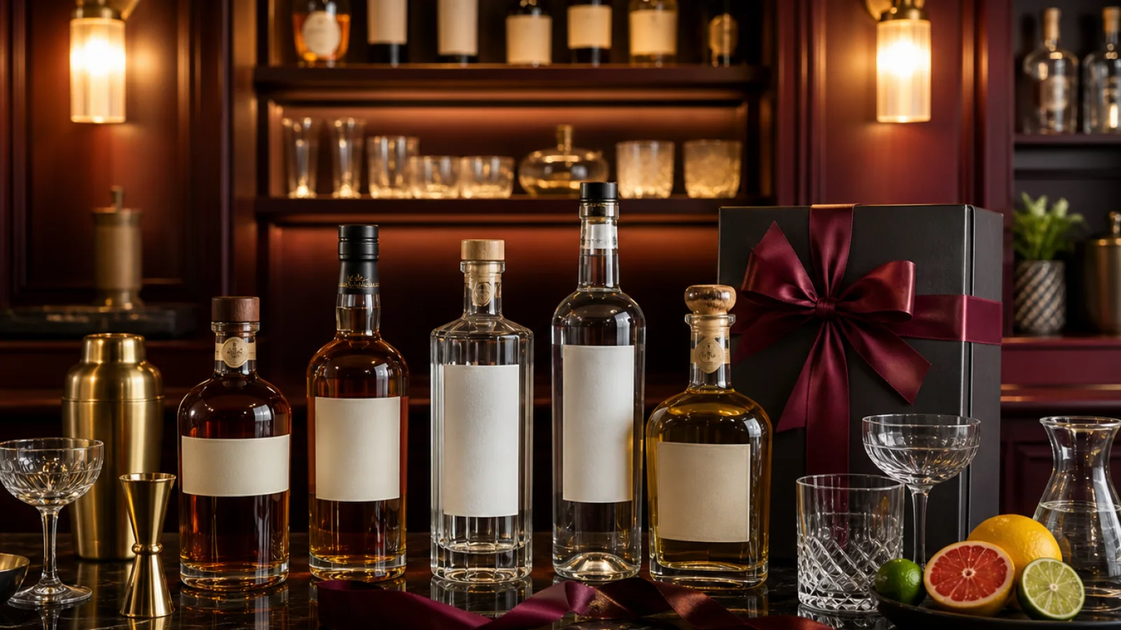 Selección ordenada de destilados y herramientas de bar