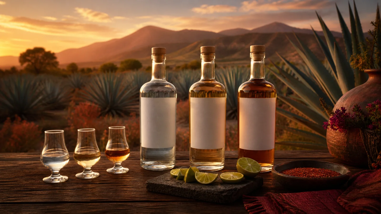 Botellas claras y ámbar frente a un campo de agave