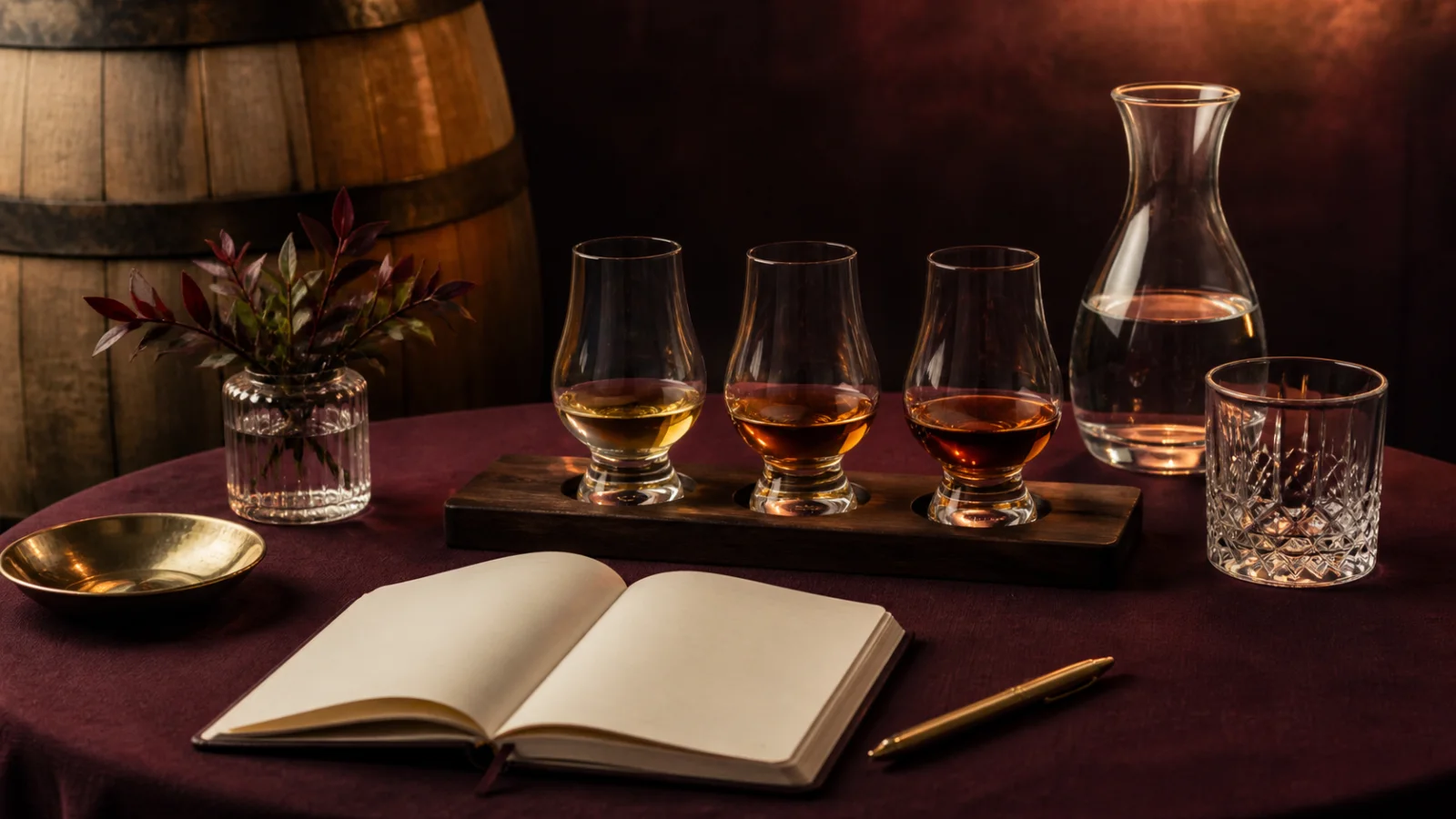 Servicio de whisky con tres copas para comparar estilos