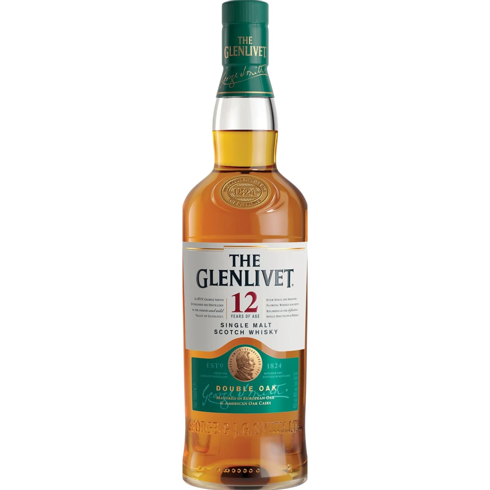 Whisky The Glenlivet 12 años con 40% vol - botella completa de frente