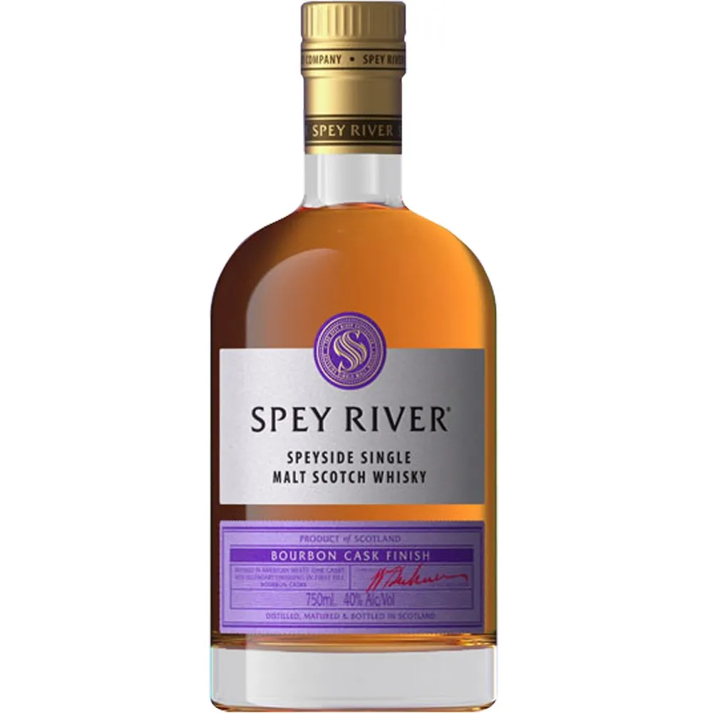 Whisky Spey River single malt bourbon - botella completa de frente