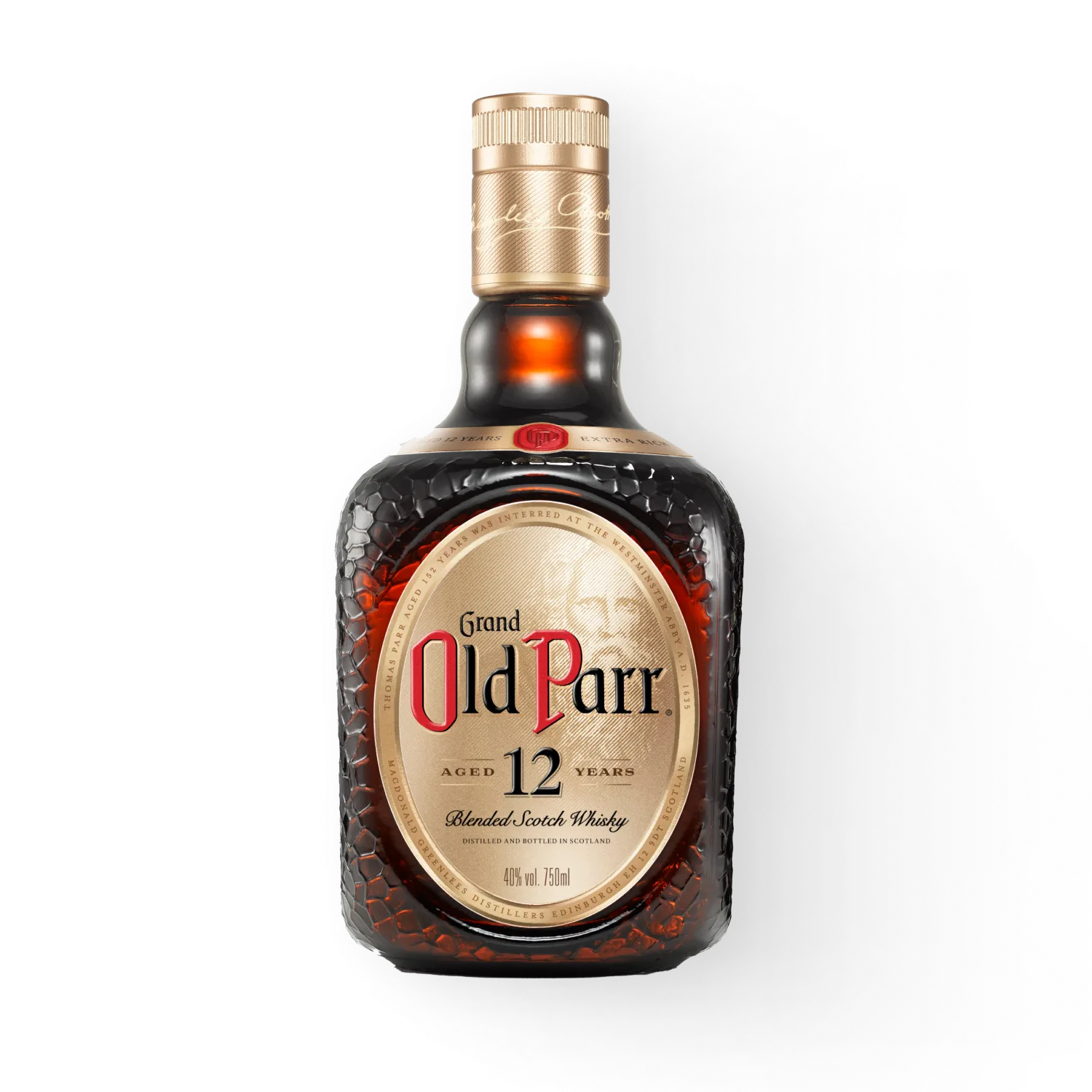 Whisky escocés Grand Old Parr 12 años con 40% vol - botella completa de frente