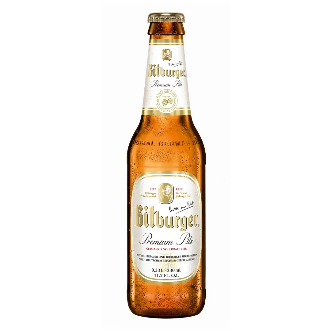 Cerveza Bitburger Premium Pils - botella completa de frente