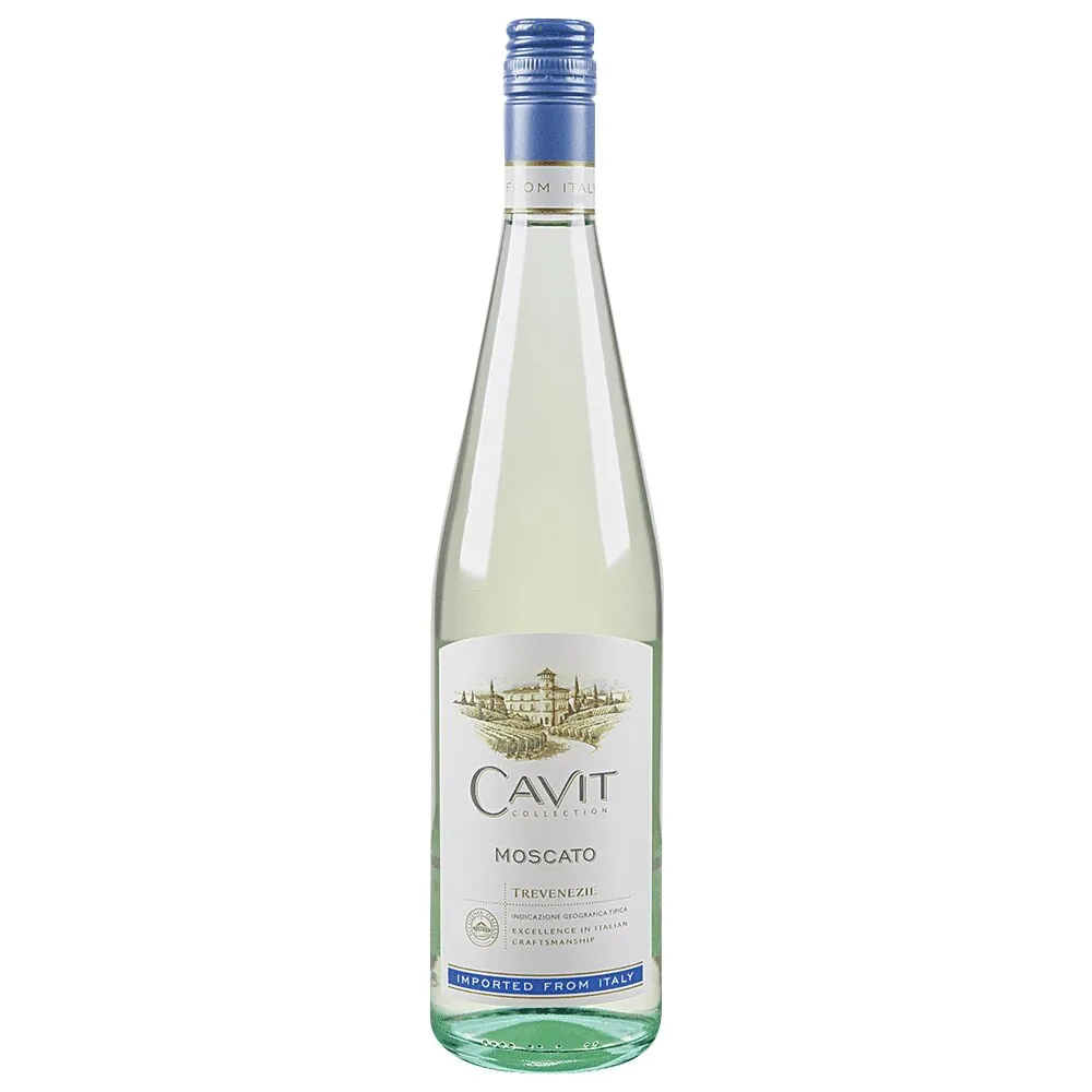 Vino blanco Cavit moscato trevenezie - botella completa de frente