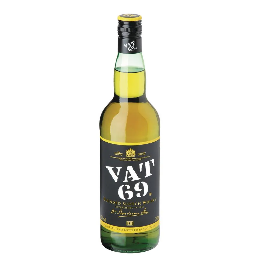 Whisky Vat 69 escocés - botella completa de frente