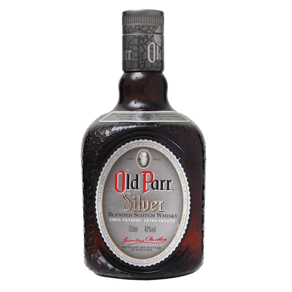 Whisky Old Parr silver frío filtrado - botella completa de frente