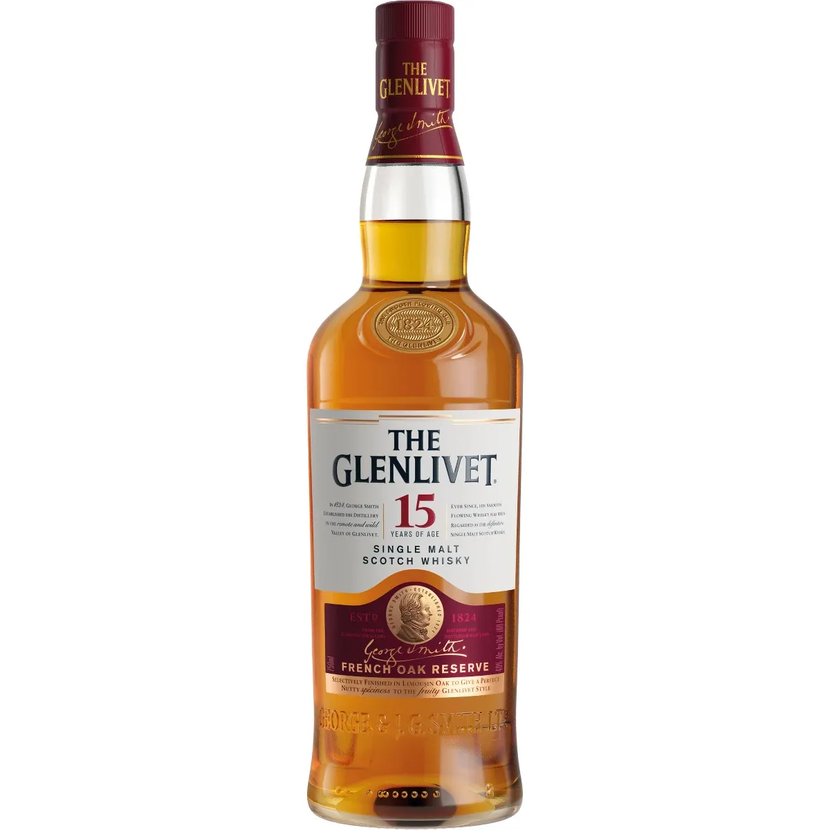 Whisky Glenlivet 15 años - botella completa de frente