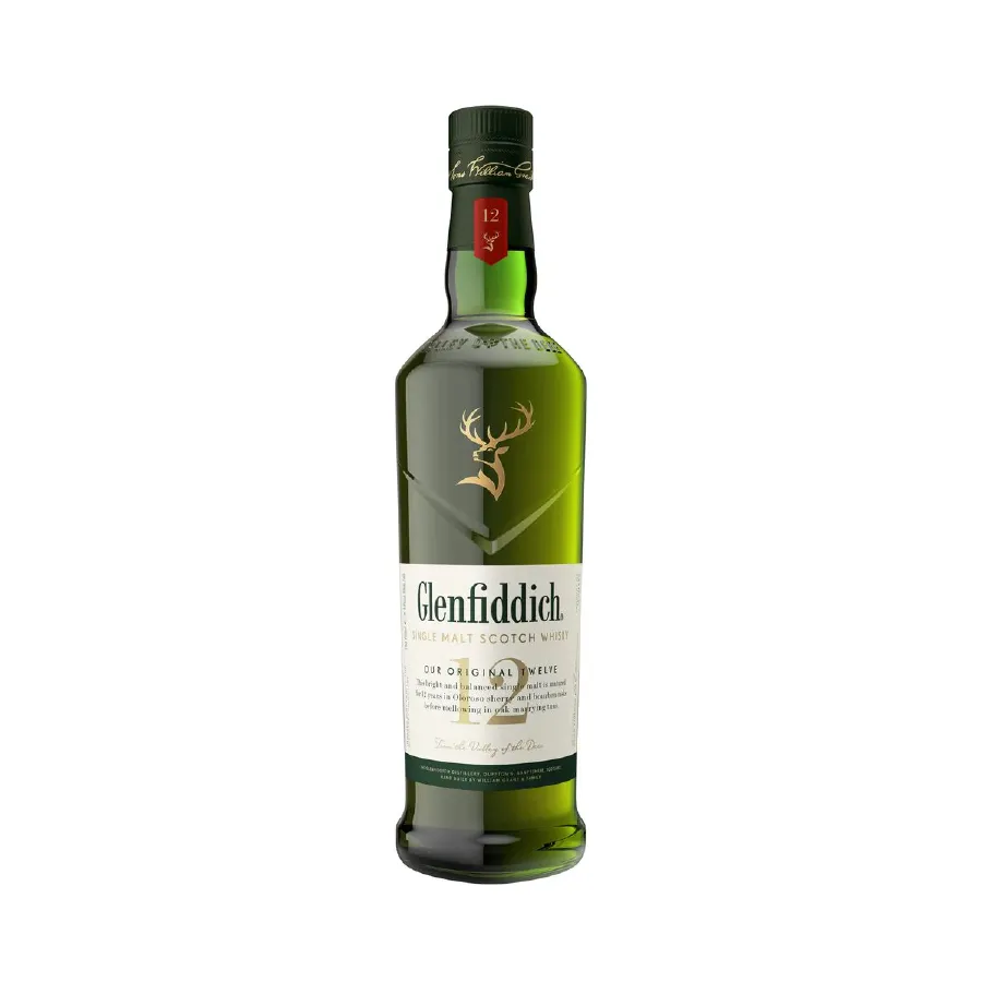Whisky Glenfiddich 12 años - botella completa de frente