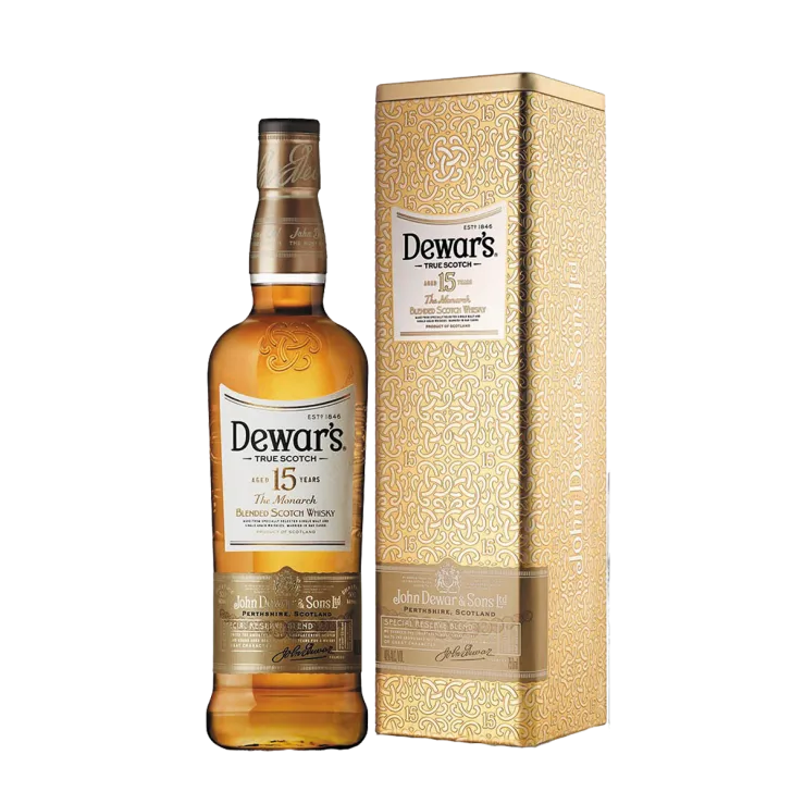 Whisky Dewars 15 años - botella completa de frente