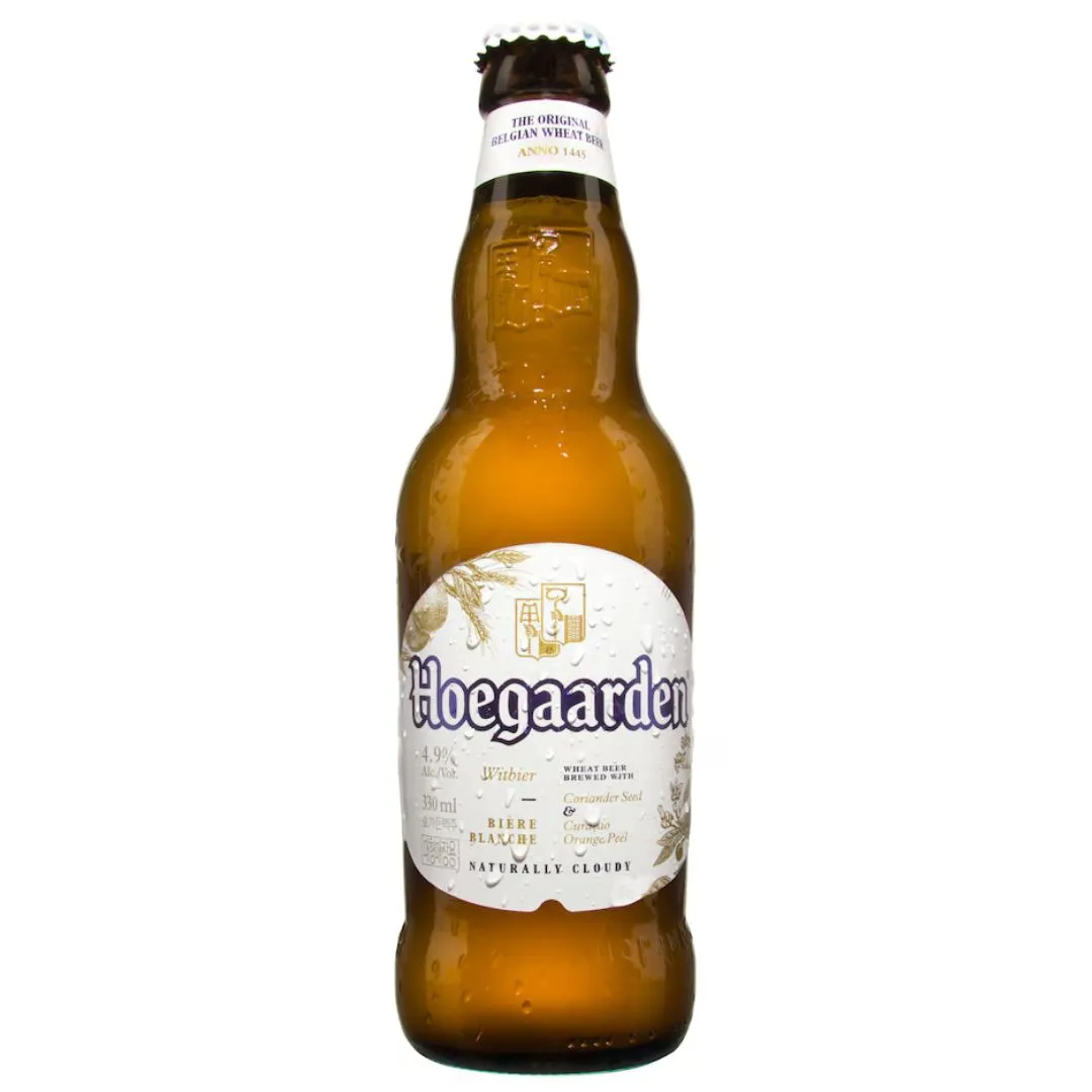 Cerveza Hoegaarden blanca botella - botella completa de frente
