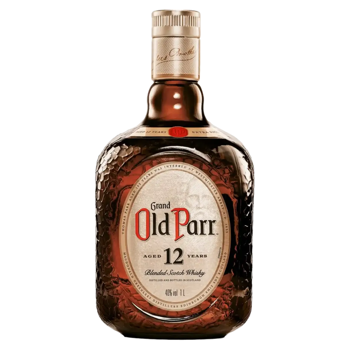 Whisky Old Parr 12 años - botella completa de frente