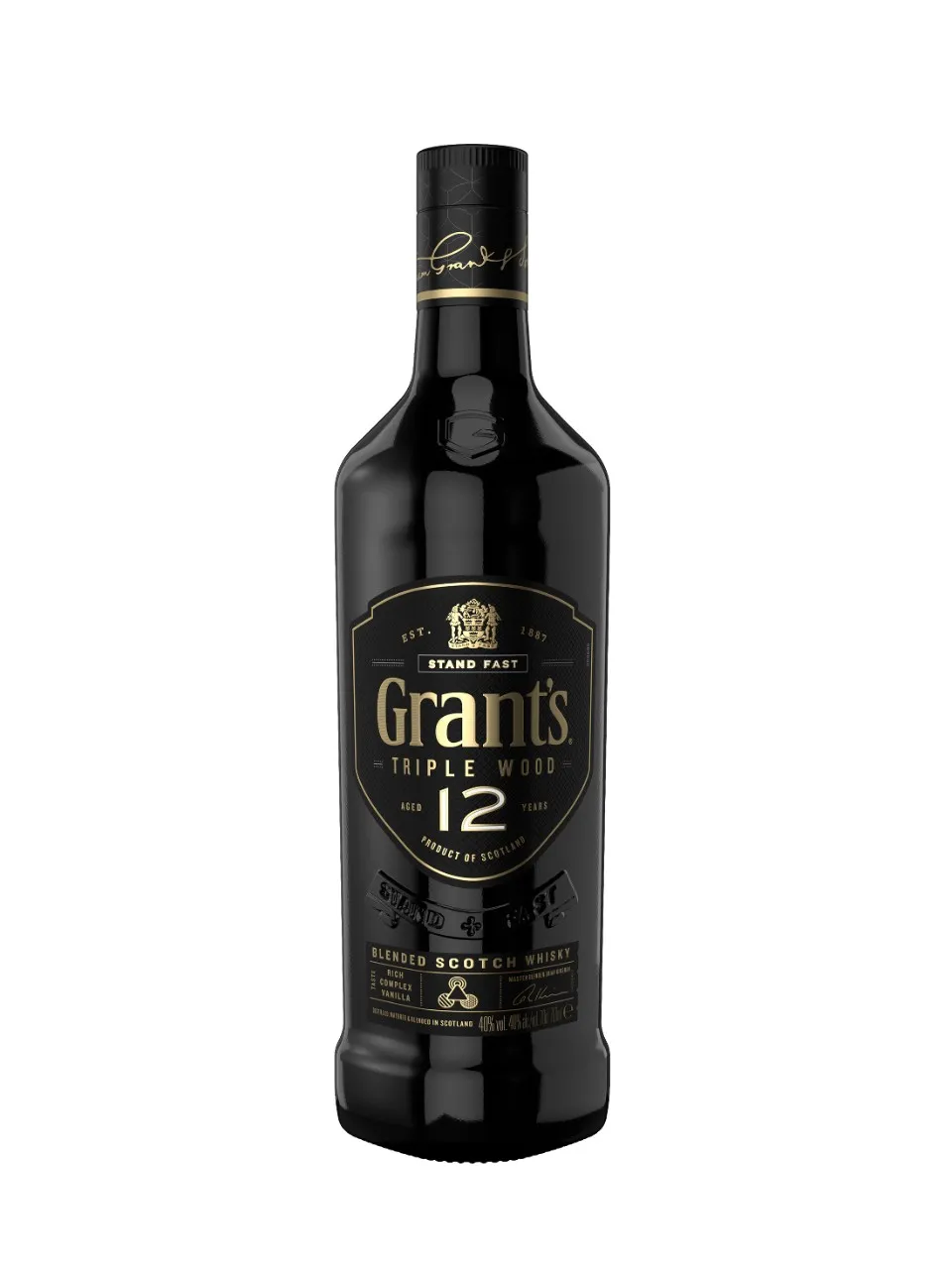 Whisky Grants Triple Wood 12 años - botella completa de frente
