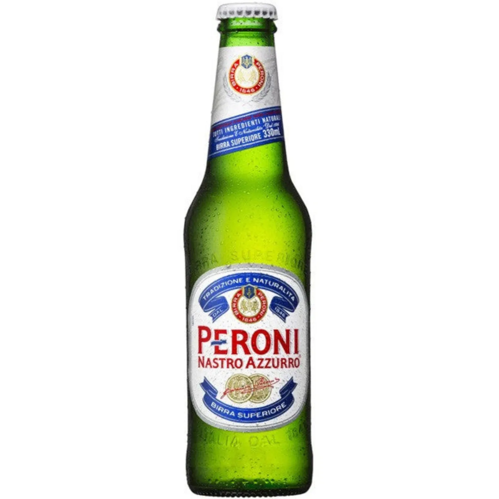 Cerveza Peroni Nastro Azzurro - botella completa de frente