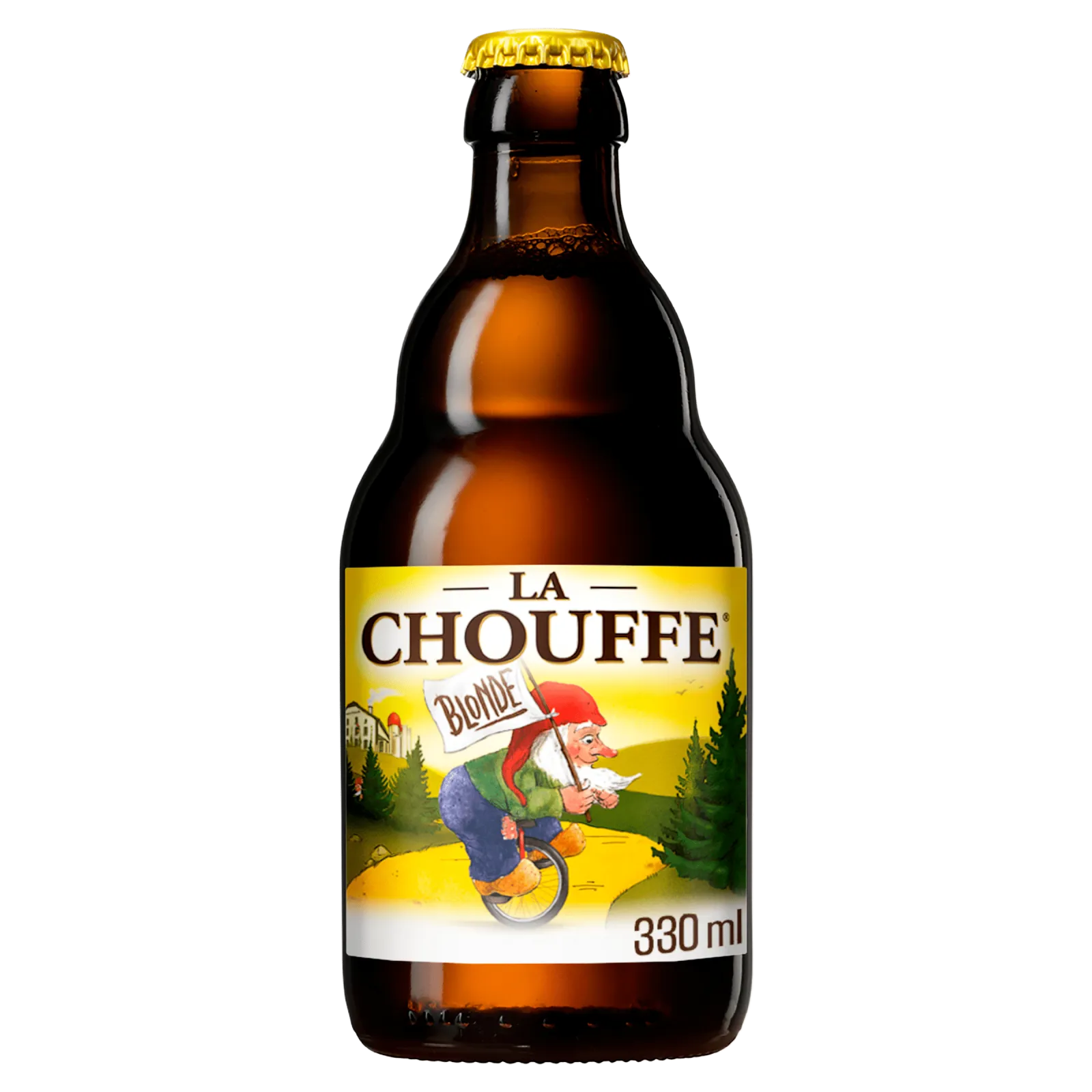 Cerveza La Chouffe Blond - botella completa de frente