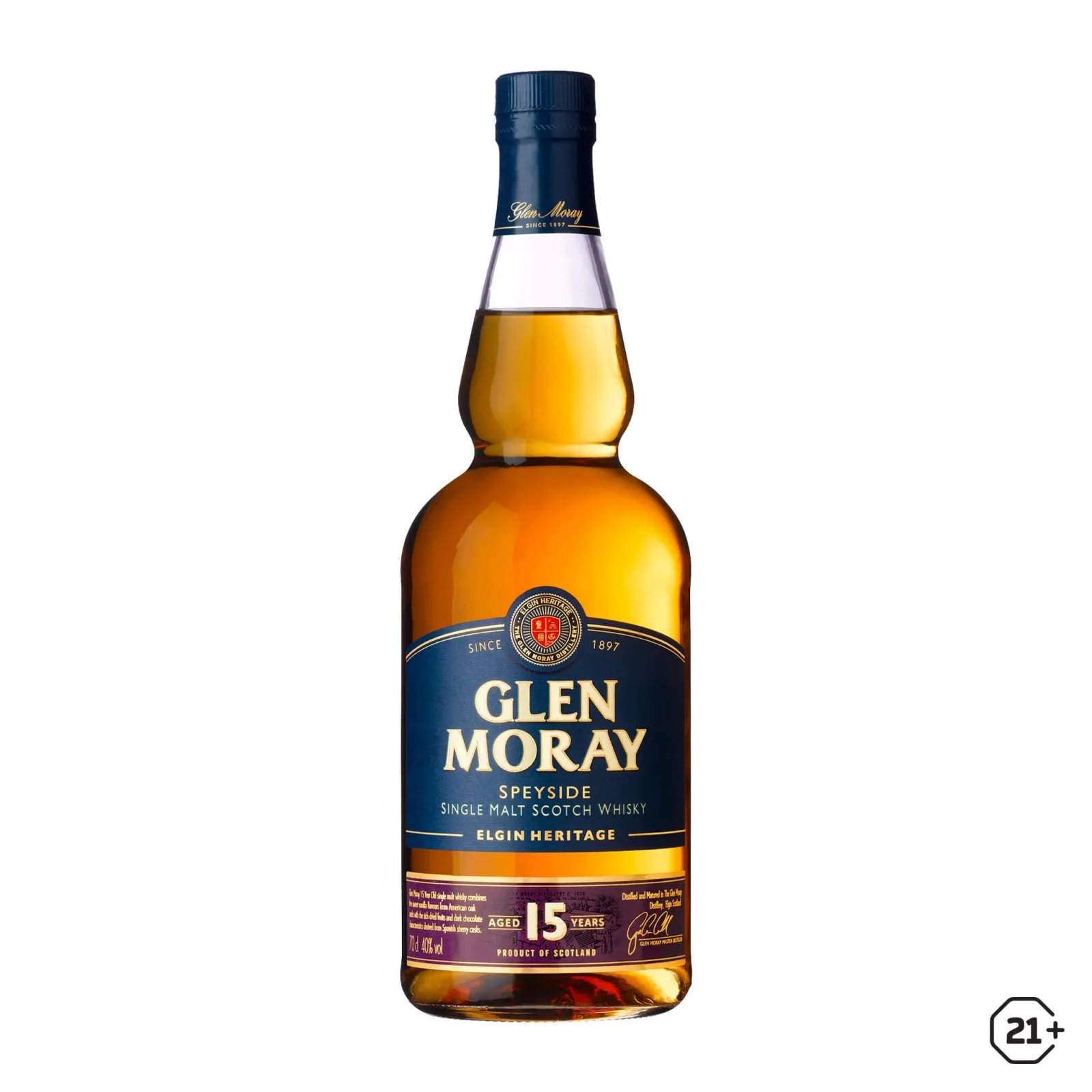 Whisky escocés Glen Moray 15 single malt - botella completa de frente