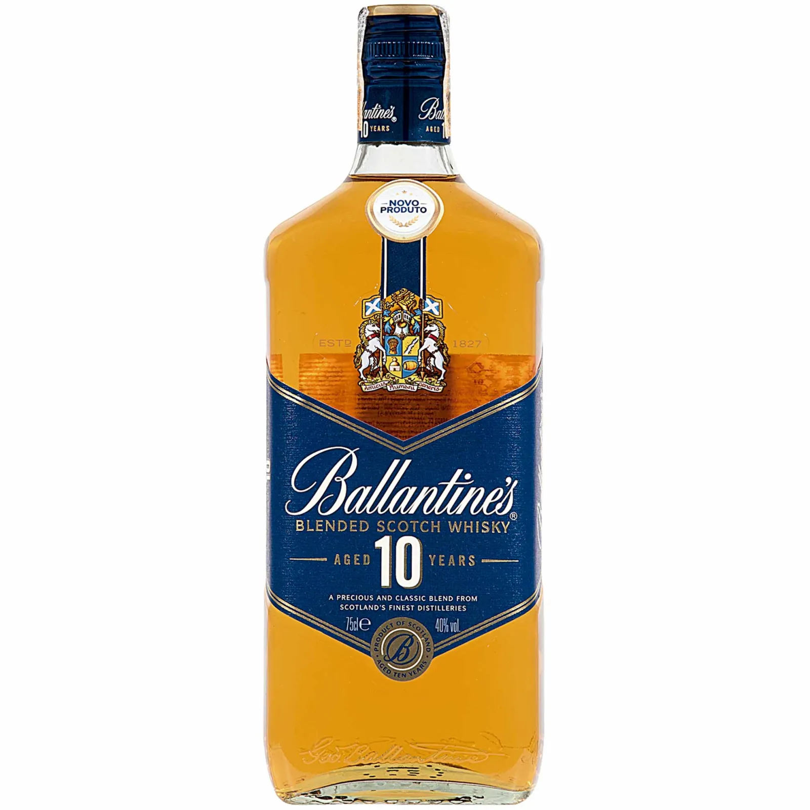 Whisky Ballantines 10 años Blended - botella completa de frente