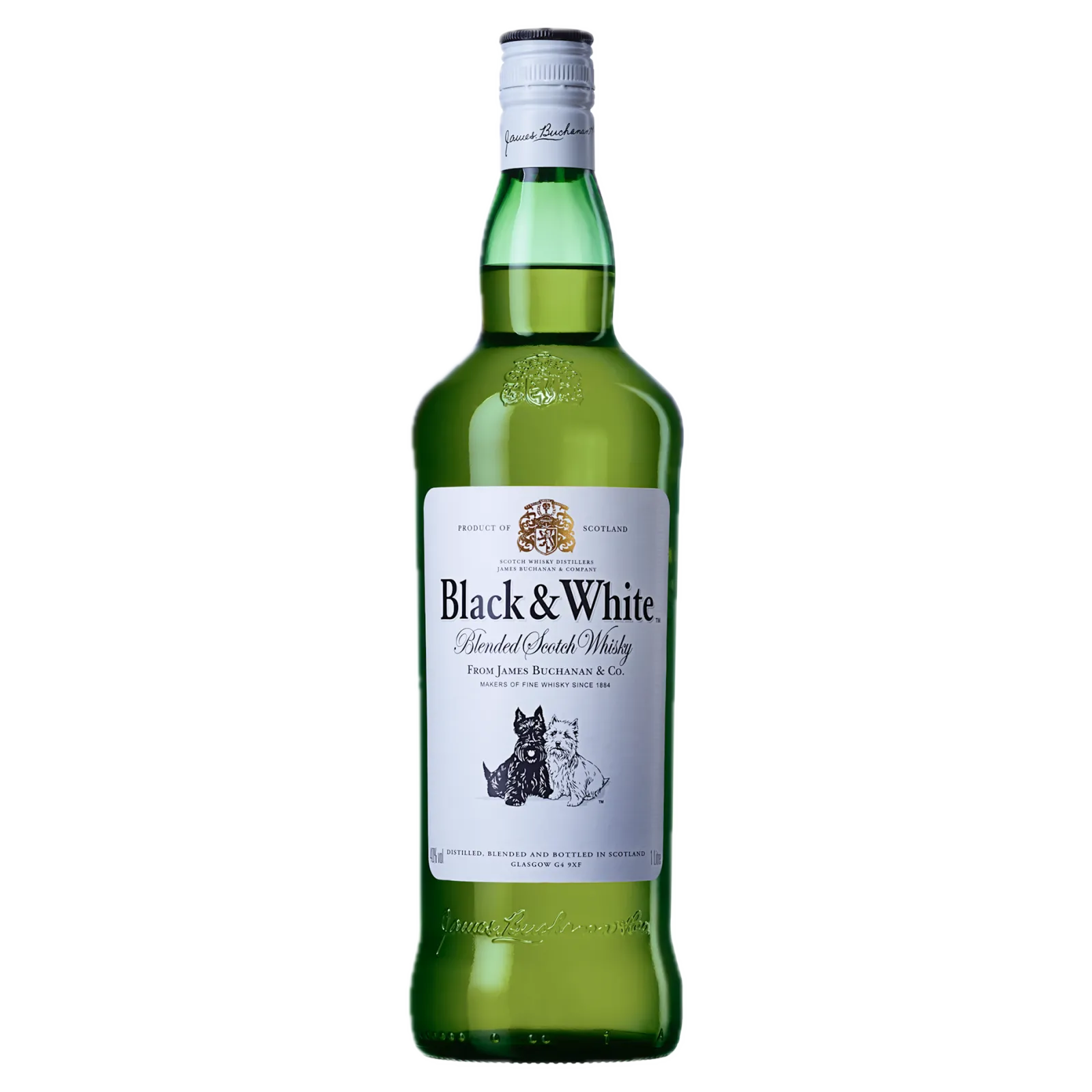 Whisky Black & White blended scotch 40% alcohol - botella completa de frente