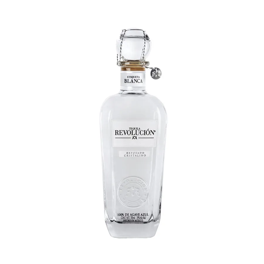 Tequila Revolución Reposado Cristalino - botella completa de frente