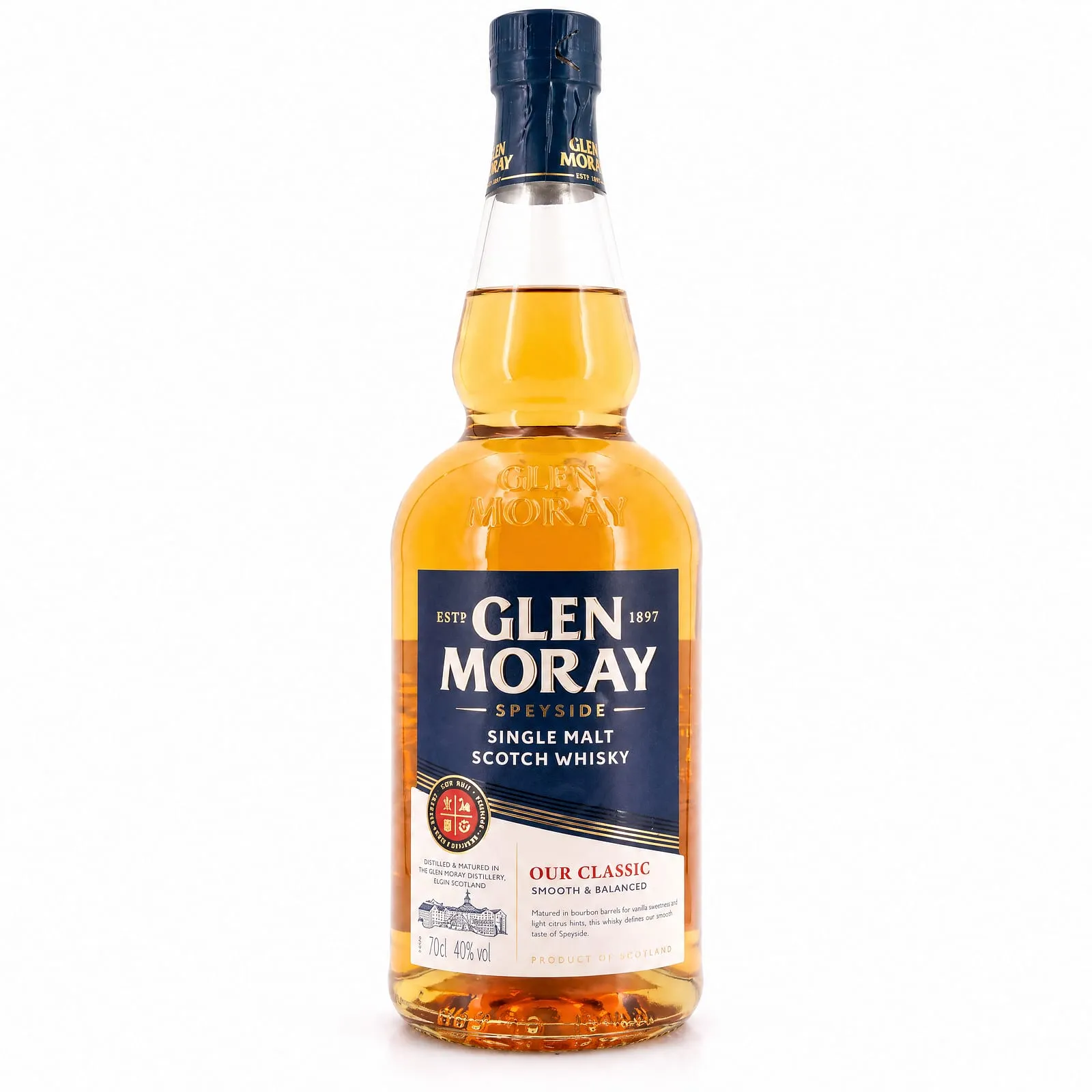 Whisky Glen Moray speyside single malt - botella completa de frente